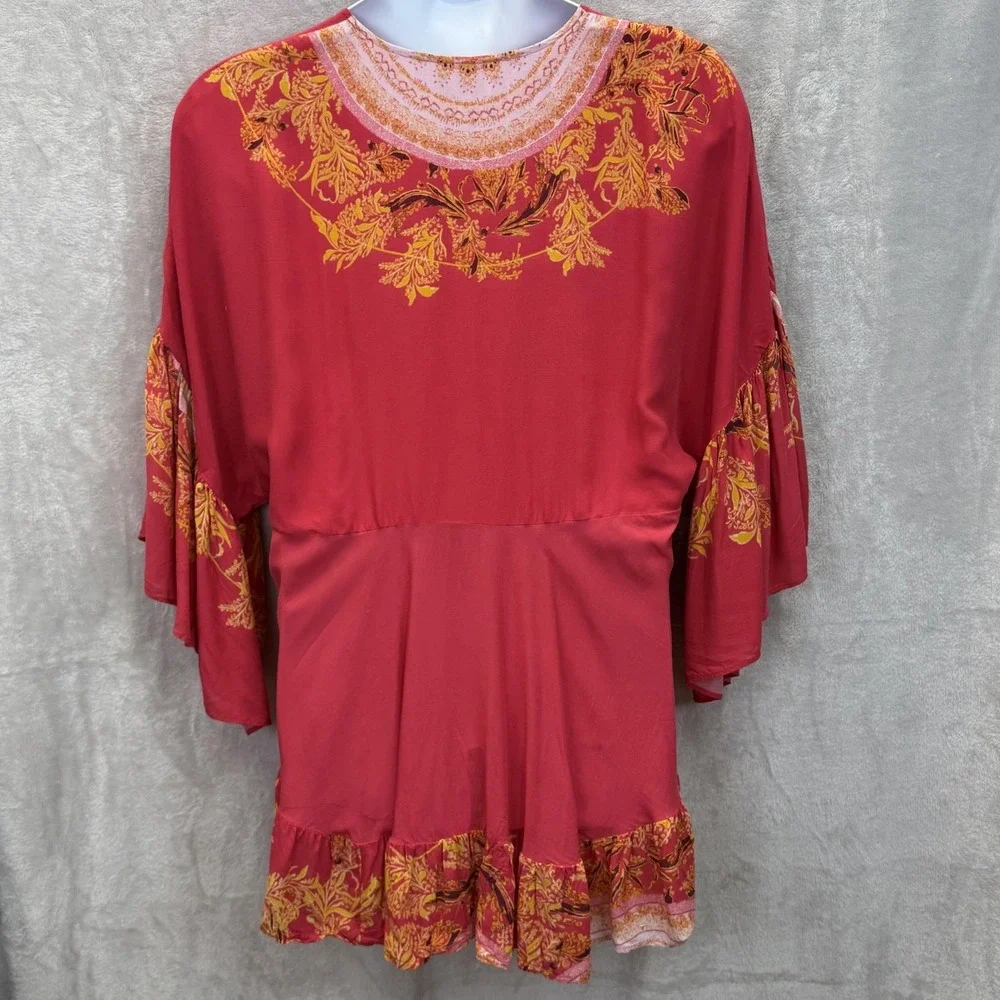 Free‎ People Sunset Dreams Tunic Top Womens L Red Flared Sleeve V-Neck Boho